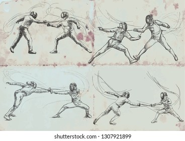 Competitive FENCING. Vector collection, pack. Two sportmen, athletes in a match. An hand drawn illustration. Freehand sketching, drawing of an sporting event.