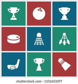 Competitive icon. collection of 9 competitive filled icons such as trophy, hockey puck, hockey stick and puck, shuttlecock. editable competitive icons for web and mobile.