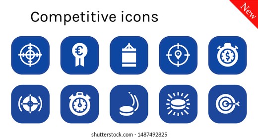 competitive icon set. 10 filled competitive icons.  Simple modern icons about  - Target, Prize, Punching ball, Stopwatch, Stopclock, Puck