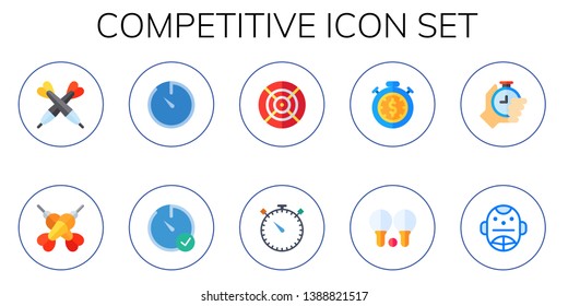 competitive icon set. 10 flat competitive icons.  Collection Of - darts, stopwatch, dart, tennis, hockey mask
