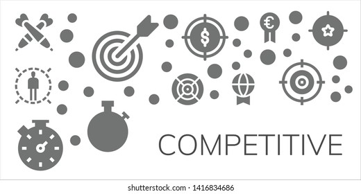 competitive icon set. 11 filled competitive icons.  Collection Of - Darts, Target, Dart, Stopwatch, Prize