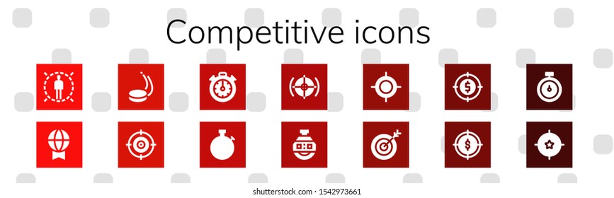 competitive icon set. 14 filled competitive icons.  Simple modern icons about  - Target, Prize, Puck, Stopclock, Stopwatch