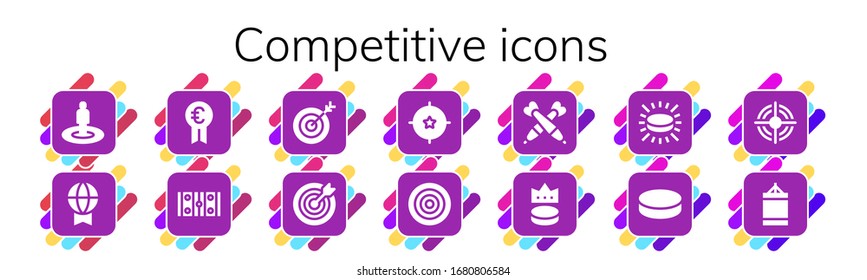 competitive icon set. 14 filled competitive icons. Included Target, Prize, Hockey pitch, Dartboard, Darts, Puck, Punching ball icons