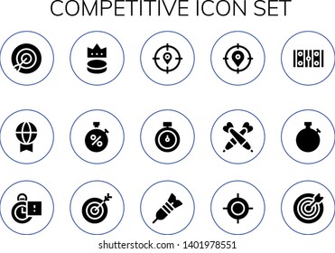 competitive icon set. 15 filled competitive icons.  Simple modern icons about  - Target, Prize, Puck, Stopwatch, Darts, Hockey pitch, Stopclock, Dart