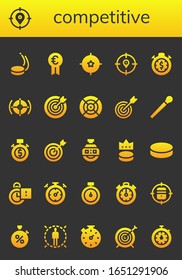 competitive icon set. 26 filled competitive icons. Included Puck, Target, Prize, Stopwatch, Dart, Stick, Stopclock icons