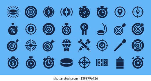 competitive icon set. 32 filled competitive icons. on blue background style Simple modern icons about  - Puck, Stopwatch, Target, Dartboard, Stopclock, Prize, Darts, Hockey pitch