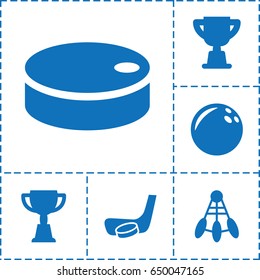 Competitive icon. set of 6 competitive filled icons such as trophy, hockey puck, hockey stick and puck, bowling ball