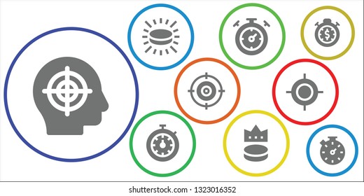 competitive icon set. 9 filled competitive icons.  Simple modern icons about  - Target, Puck, Stopwatch