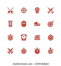 competitive icon set. Collection of 16 filled competitive icons included Stopwatch, Stopclock, Darts, Target, Football shoes, Hockey mask, Prize, Fencing