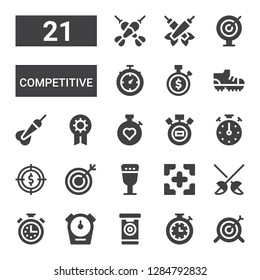 competitive icon set. Collection of 21 filled competitive icons included Target, Stopwatch, Darts, Fencing, Goblet, Stopclock, Prize, Dart, Football shoes