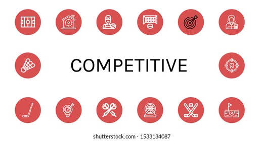 competitive icon set. Collection of Hockey pitch, Target, Water polo, Hockey goal, Accountant, Hockey stick, Darts, Birdie, Shuttlecock icons