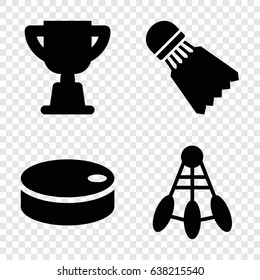 Competitive icons set. set of 4 competitive filled icons such as hockey puck, shuttlecock, trophy