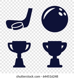 Competitive icons set. set of 4 competitive filled icons such as trophy, hockey stick and puck