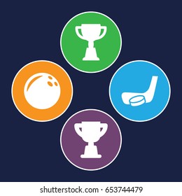 Competitive icons set. set of 4 competitive filled icons such as trophy, hockey stick and puck