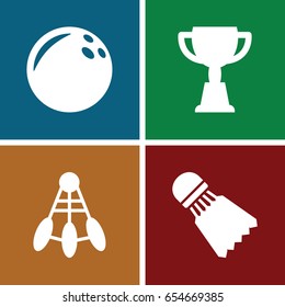 Competitive icons set. set of 4 competitive filled icons such as trophy, shuttlecock, bowling ball
