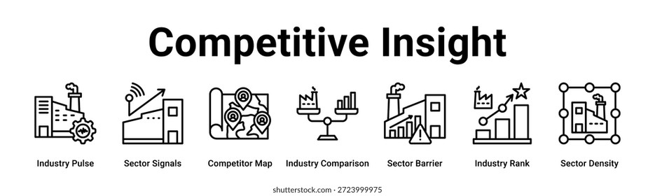 Concepto competitivo de la Ilustración vectorial del icono del Anuncio del Web de la visión para la industria con el icono del pulso de la industria, señales del sector, mapa del competidor, comparación de la industria, barrera del sector, rango de la industria.