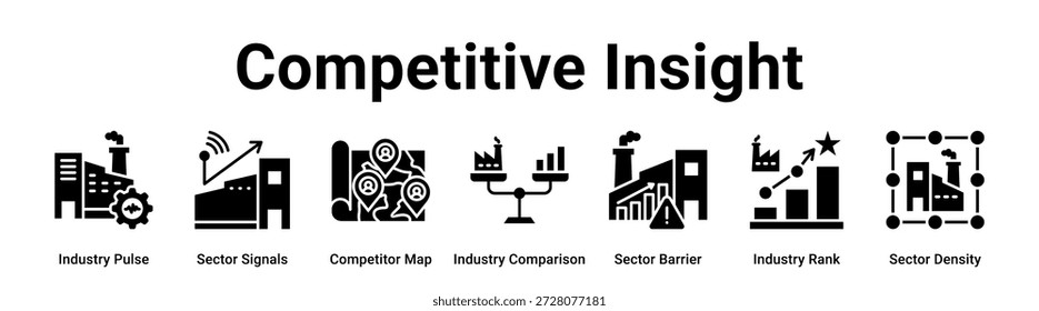 Concepto competitivo de la Ilustración vectorial del icono del Anuncio del Web de la visión para la industria con el icono del pulso de la industria, señales del sector, mapa del competidor, comparación de la industria, barrera del sector, rango de la industria.