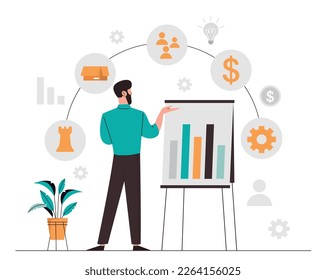 Concepto de inteligencia competitiva. El hombre se encuentra cerca de la pizarra y analiza gráficos, diagramas y gráficos. Evaluación de datos y trabajo con estadísticas, infografías. Dibujo vectorial plano de dibujos animados