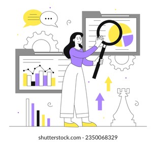 Competitive intelligence line concept. Woman with magnifying glass analyzes graphs and charts, conducts marketing research. Analyst and businesswoman. Linear flat vector illustration