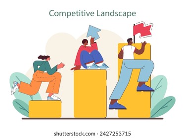 Competitive Landscape concept. Firms climb market ranks as they strategize for industry leadership. Flat vector illustration.