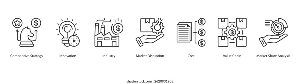 Competitive Market icon sheet web vector illustration competitive strategy, innovation, industry, market disruption, cost, value chain, market share analysis