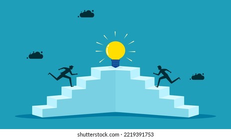 Competitive motivation and knowledge. businessman runs up the stairs to win a light bulb