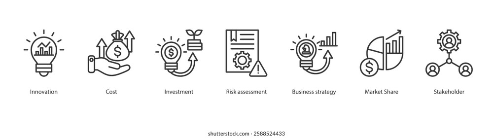 Competitive Outline Icon She et market share, business strategy, stakeholder, investment, cost, innovation, risk assessment