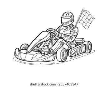 Competitive person having fun on go kart track. Go kart track and driver for car racing to have fun in the city.