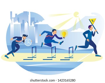 Competitive Process in Business. Achive Goal. Overcome Obstacles. Competition in Work Process. Running Overcoming Obstacles Group Man to their Business Ideas against Background Cityscape