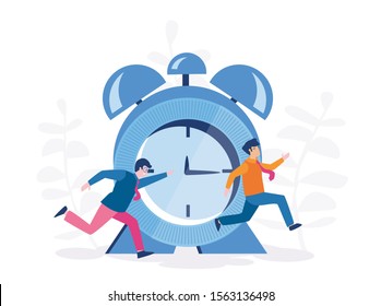 Competitive Process in Business, businessman run to their goal, move up the motivation, achieve goal, businessman in hurry in each step, vector illustration. Business concept. with alarm clock. 