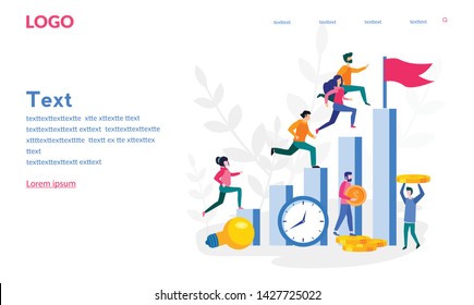 Competitive Process in Business, business man and woman  run to their goal, move up the motivation, the way to achieve the goal, businessman in hurry in each step vector illustration for web, print