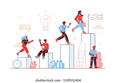 Competitive Process in Business, business man and woman run to their goal, move up the motivation, the way to achieve the goal, businessman in hurry in each step vector illustration for web, print
