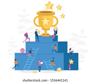 Competitive Process in Business, business man and woman  go run to their goal, move up the motivation, the way to achieve the goal, businessman in hurry in each step vector illustration, golden cup