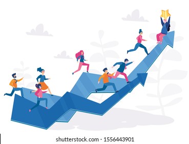 Competitive Process in Business, business man and woman  run to their goal, move up the motivation, the way to achieve goal, businessman in hurry in each step, vector illustration. Business concept.