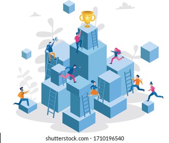 Competitive Process in Business, business man and woman  go run to their goal, move up the motivation, the way to achieve the goal, businessman in hurry in each step vector illustration for web, print