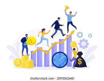 Competitive process in business. Business people run to their goal, in hurry in each step. Way to achieve the goal, move up the motivation. Employee victory. Companies competition. Vector illustration