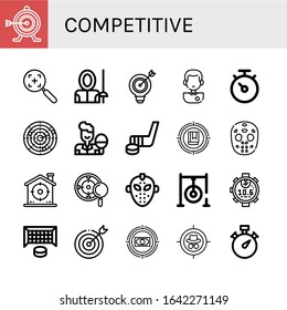 competitive simple icons set. Contains such icons as Target, Fencer, Soccer player, Stopwatch, Dart, Table tennis, Hockey stick, Hockey mask, can be used for web, mobile and logo
