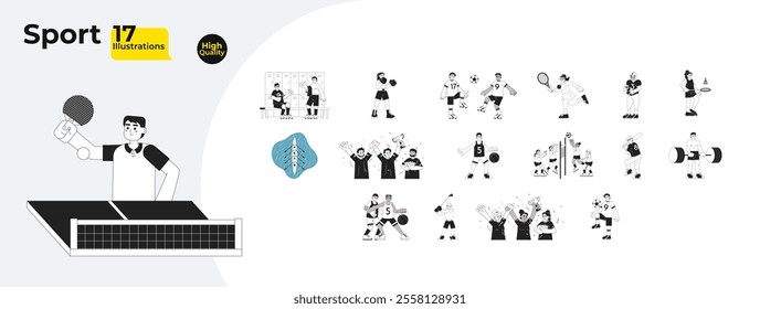 Competitive sport playing outline illustrations mega bundle. Boxing, soccer, tennis, badminton, baseball, basketball 2D linear images isolated. Athletes collection black and white vector drawings