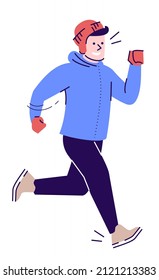 Competitive sporting event semi flat RGB color vector illustration. Male runner wearing winter outfit isolated cartoon character on white background