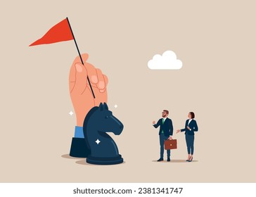 Competitive, strategic move in business. Hand businessman holding flag standing behind the chess horse knight. Motivation. Vector illustration