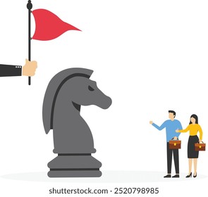 Competitive, strategic move in business. Hand businessman holding flag standing behind the chess horse knight. Motivation. Vector illustration

