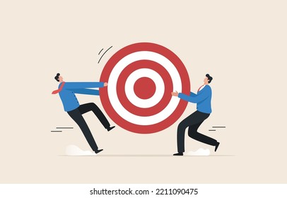Competitive Strategies for business target. 
Compete for customers. Scramble for market share. Two businessmen fighting for a dartboard goal, target.