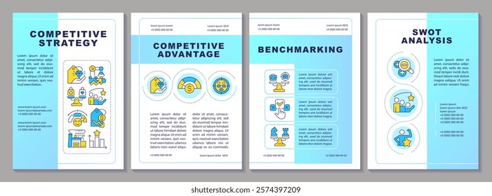 Competitive strategy blue brochure template. Developing company comparing to best competitors. Leaflet design with linear icons. Editable 4 vector layouts