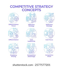 Competitive strategy blue gradient concept icons. Business long term actions plan. Commercial company growth. Icon pack. Vector images. Round shape illustrations for presentation. Abstract idea