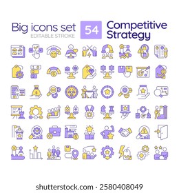 Competitive strategy RGB color icons set. Comparing business advantage to best competitors. Company growth. Isolated vector illustrations. Simple filled line drawings collection. Editable stroke