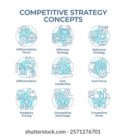Competitive strategy soft blue concept icons. Business long term actions plan. Commercial company growth. Icon pack. Vector images. Round shape illustrations for presentation. Abstract idea