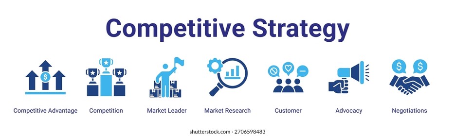 Estratégia competitiva ícone de banner da Web conceito de ilustração vetorial apresentando vantagem competitiva, concorrência, líder de mercado, pesquisa de mercado, cliente, advocacia e negociações em um conjunto de coleta.