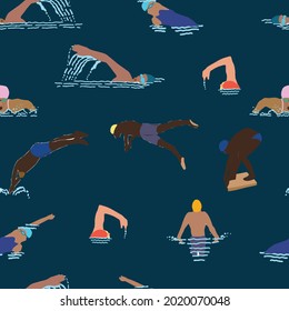 Competitive swimmers on dark blue background. Breast stroke, freestyle, back stroke, butterfly illustrated in vector. Can be used as isolated elements or as seamless repeat pattern. 