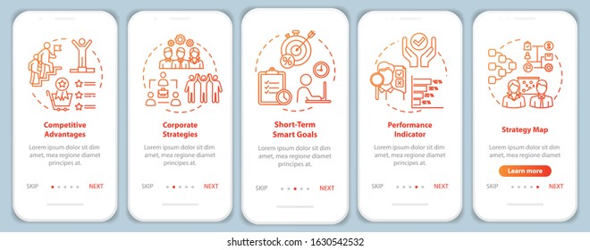 Competitiveness onboarding mobile app page screen with concepts. Cooperation in office. Optimization walkthrough 5 steps graphic instructions. UI vector template with RGB color illustrations