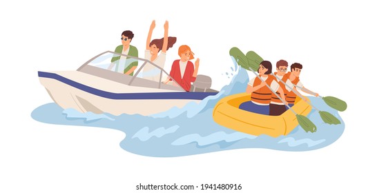 Competitor accelerating and surpassing team of opponents. Concept of inequality and unfair competition between two companies. Colored flat vector illustration isolated on white background